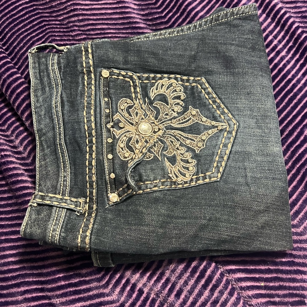 L.A. Idol Women's Boot Cut Jeans - Dark Blue with Gold Embroidery